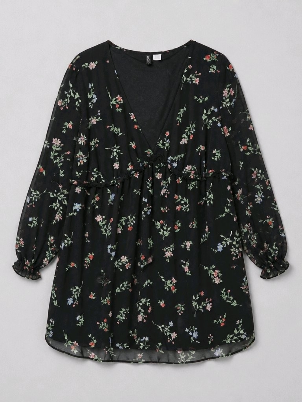 H&M Divided XL Chiffon mini dress black  Floral V-Neck Babydoll Tunic Dress